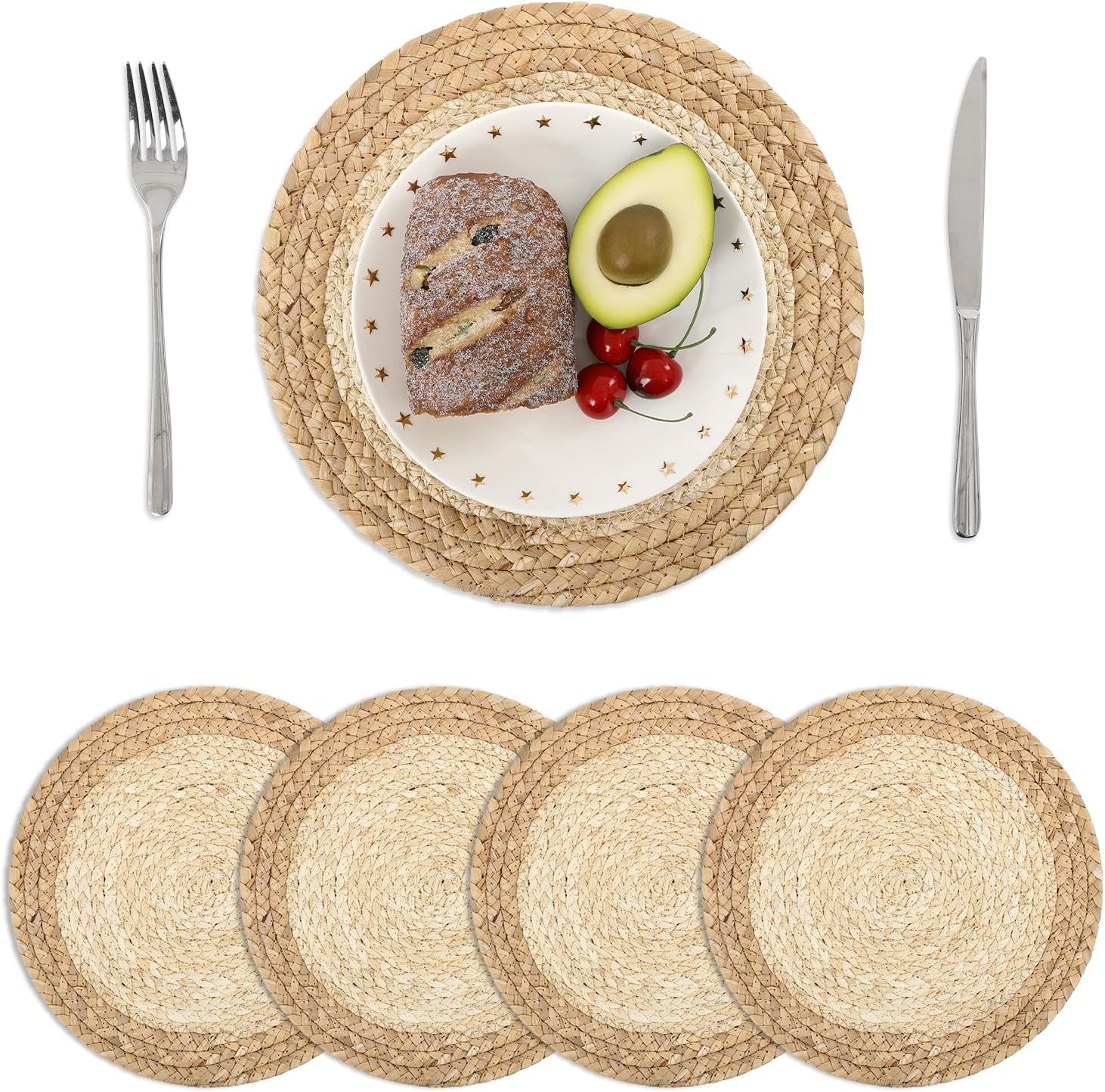 12 Inch Natural Corn Husk Water Hyacinth Woven Braided round Placemats Set of 4 Boho Place Mats Straw Rattan Wicker Table Centerpiece Mats Plate Chargers for Home Party Table Decoration