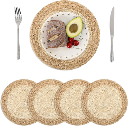 12 Inch Natural Corn Husk Water Hyacinth Woven Braided round Placemats Set of 4 Boho Place Mats Straw Rattan Wicker Table Centerpiece Mats Plate Chargers for Home Party Table Decoration