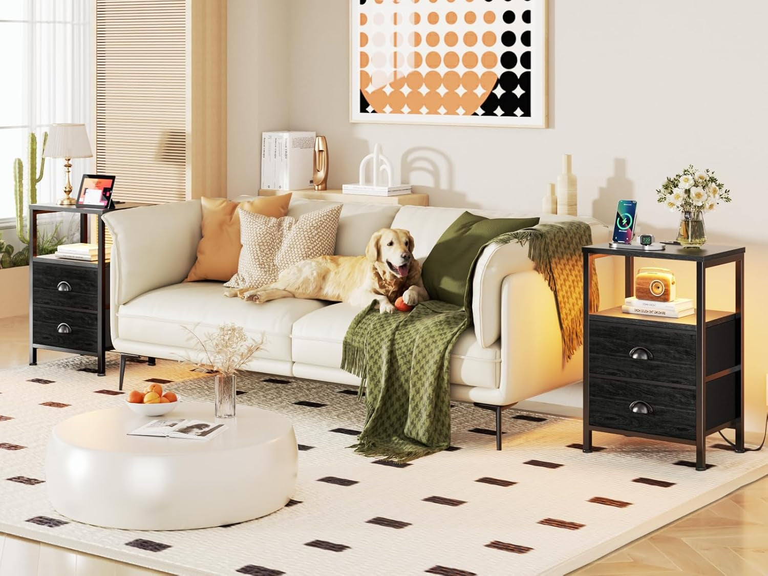 Nightstands Set of 2, End Tables with Charging Station and LED Lights, Black Night Stands with 2 Fabric Drawers, Bedside Tables Set of 2 for Living Room/Bedroom,Black Oak