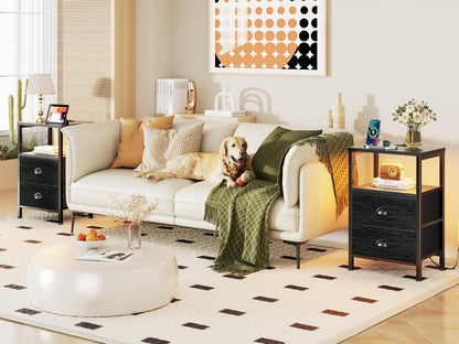 Nightstands Set of 2, End Tables with Charging Station and LED Lights, Black Night Stands with 2 Fabric Drawers, Bedside Tables Set of 2 for Living Room/Bedroom,Black Oak