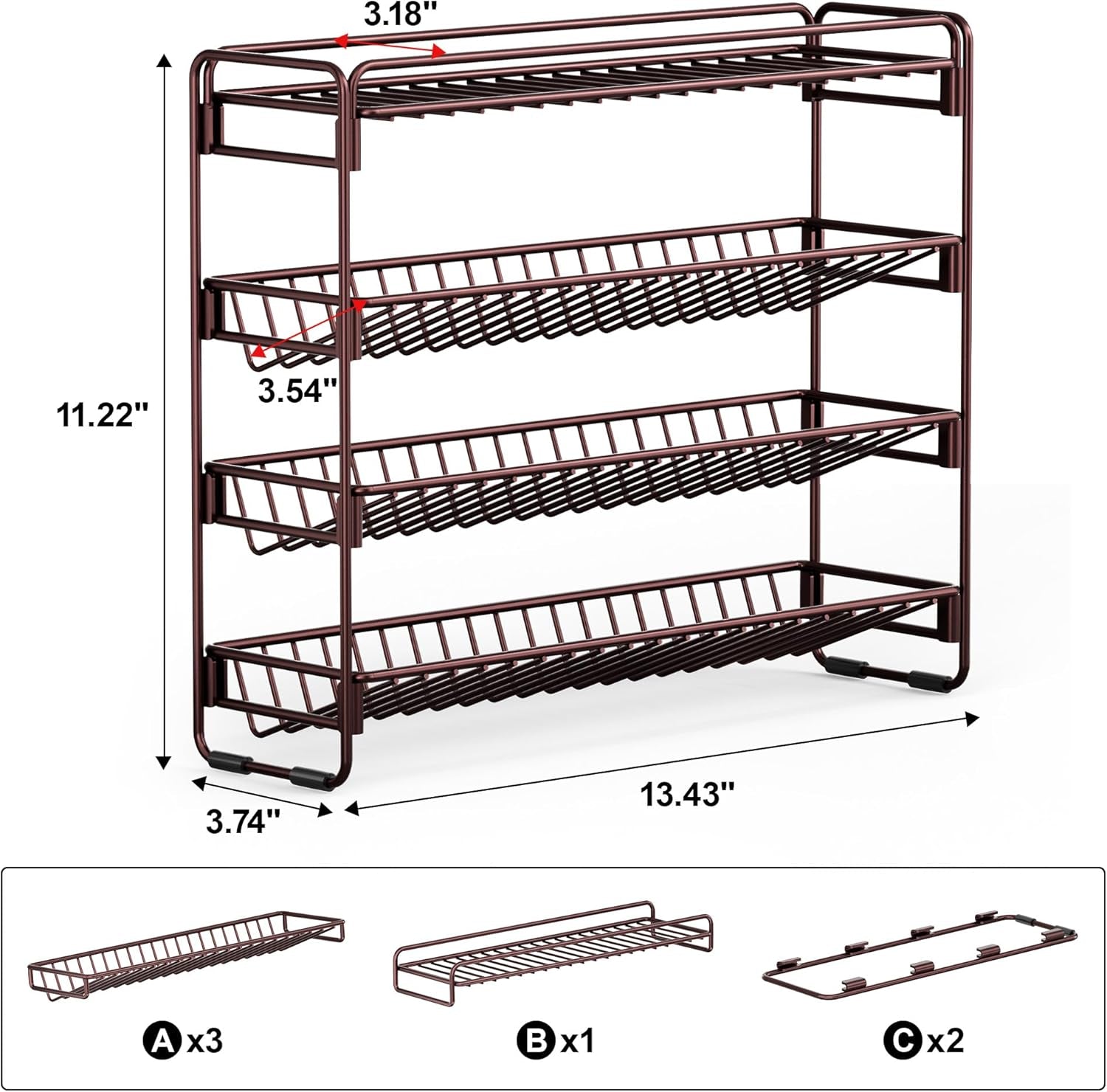 4 Tier Spice Rack Organizer for Cabinet, Detachable Spice Rack for Countertop, Freestanding Spice Organization for Cabinet, Seasoning Organizer for Kitchen Pantry (13.4" Wx11.2 H, No Jars)