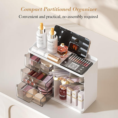 Makeup Organizer with Drawers, Multi-Function Vanity Organizer Countertop, Stackable Desk Organizer for Makeup Brush Lipstick Skincare Bathroom Vanity Organization and Storage, White