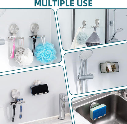 2 Pack Powerful Suction Cup Razor Holder, 304 Stainless Steel Bathroom Suction Hooks for Towel, Loofah, Bathrobe, Stylish Shaver Holder for Shower Wall, Easy to Install and Reuse, Silver