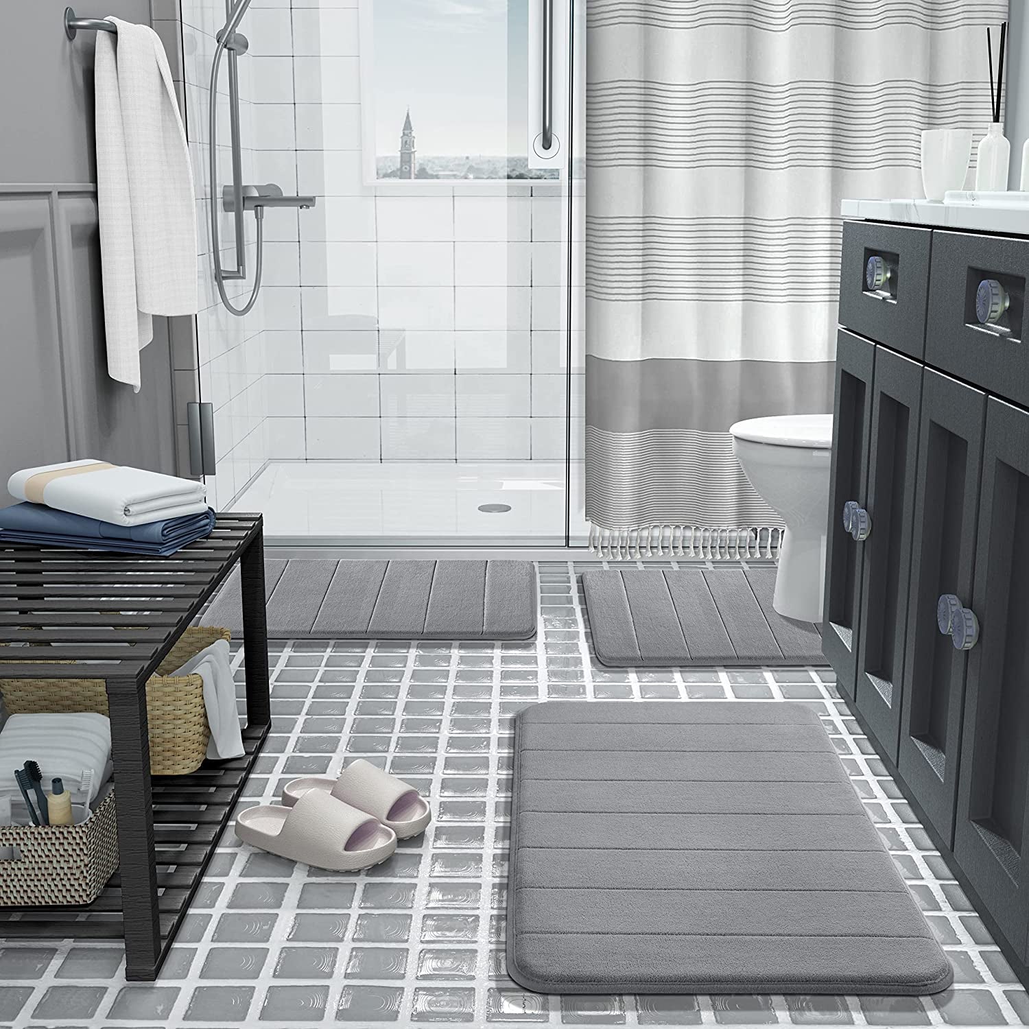 Memory Foam Bath Mat Set 3 Pieces- Super Soft Absorbent Quick Dry Bathroom Rug Sets, Machine Washable Non Slip Floor Carpet for Tub Shower, Vanity & Toilet Base, Gray