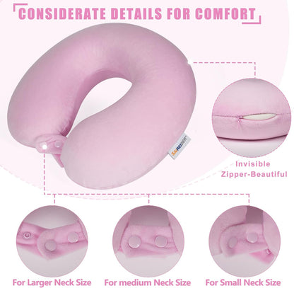 Travel Neck Pillow 100% Pure Memory Foam Airplane Pillow for Head Support,Soft Adjustable Pillow for Plane, Car & Home Recliner (Pink)