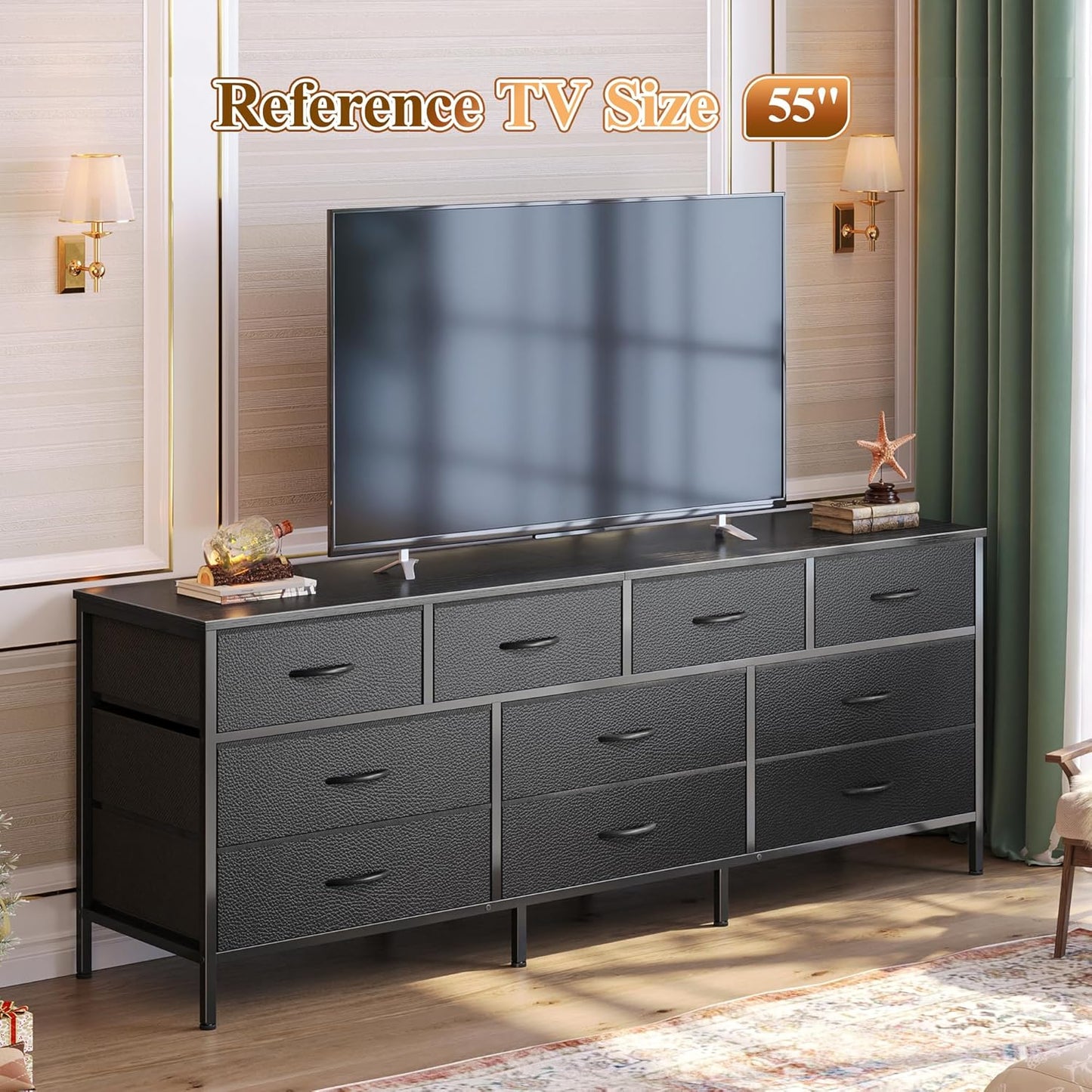 63-Inch Versatile Dresser with 10 Fabric Drawers, Ideal TV Stand for 55 to 70 Inch TVs, and Toy Storage Organizer in Black