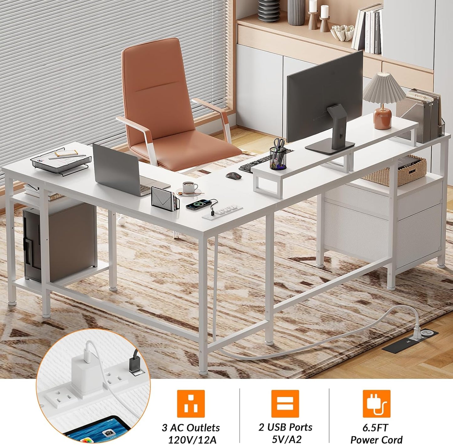 66” L Shaped Desk with Power Outlet, Reversible Computer Gaming Desk with File Drawer & 2 Monitor Stands for Home Office with Storage Shelves, White