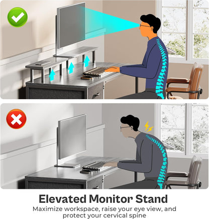47-Inch Computer Desk with Integrated Power Outlets and LED Lighting, Gaming and Office Desk with Four Drawers and Monitor Stand, Ideal for Home Offices and Small Spaces, Gray