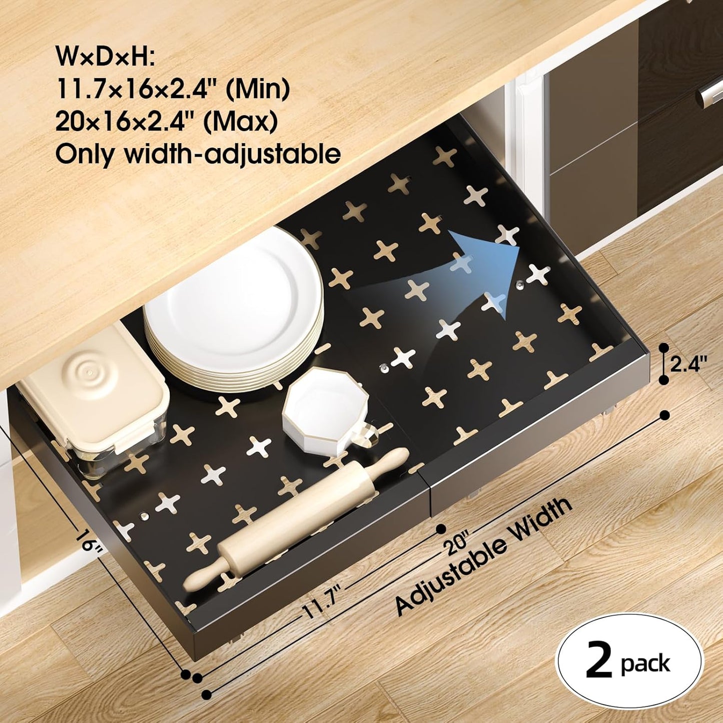 2 Pack 16" Deep Pull Out Cabinet Organizer with 6 Dividers, Expandable (11.7 "-20" W) Pull Out Drawers for Cabinets, Cabinet Trays Pull Out for Cabinets in Kitchen, Pantry or Bathroom