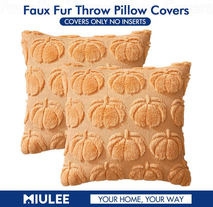 Fall Throw Pillow Covers 18X18 Set of 2 Autumn Decorations Pumpkin Accent Pillowcase for Outdoor Porch Sofa Couch Bed Living Room Plush Faux Fur Halloween Farmhouse Home Decor