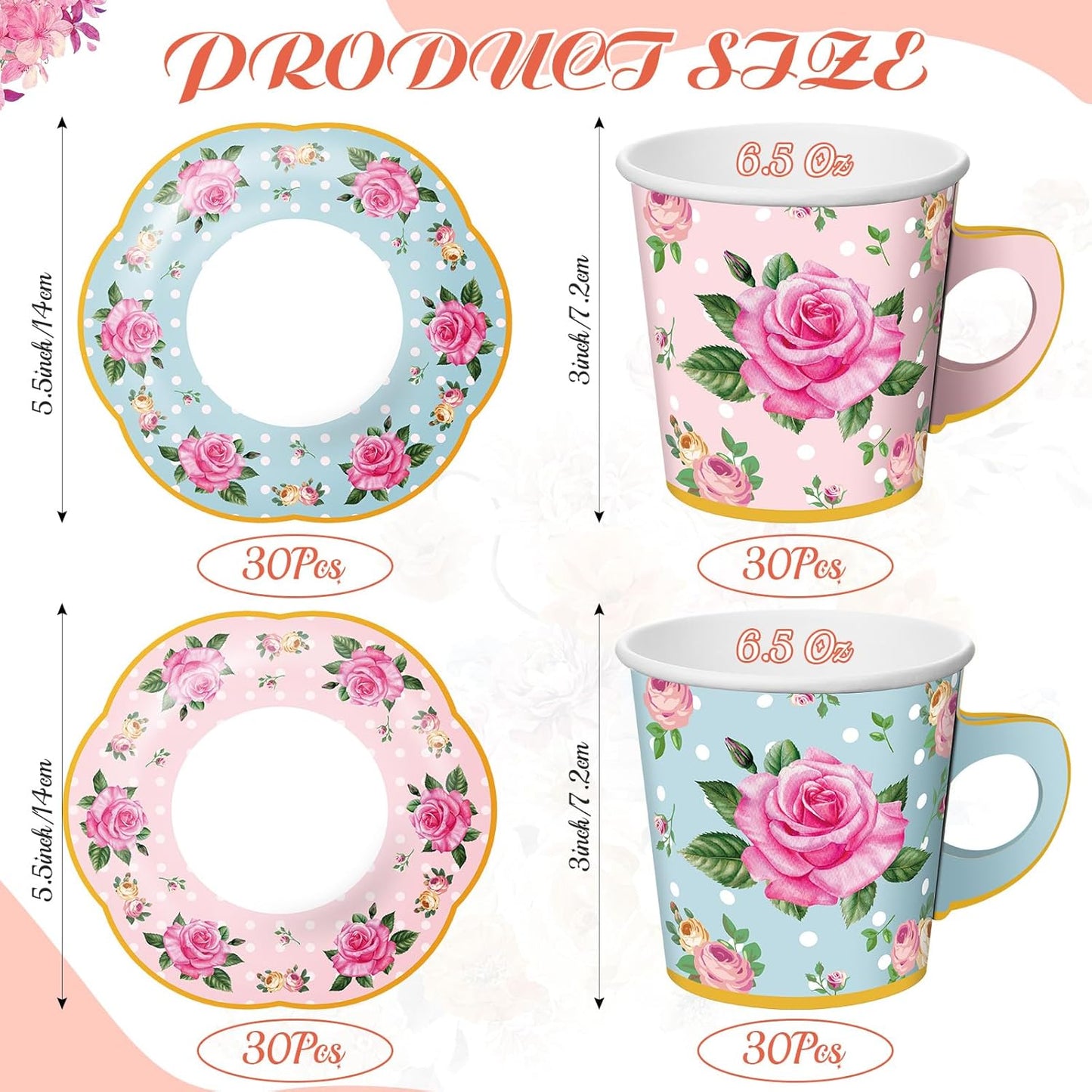 60 Sets of Floral Disposable Tea Party Decorations - Paper Tea Cups with Handles and Plates for Hot and Cold Beverages, Ideal for Birthdays (Pink and Blue, 6.5 Oz)