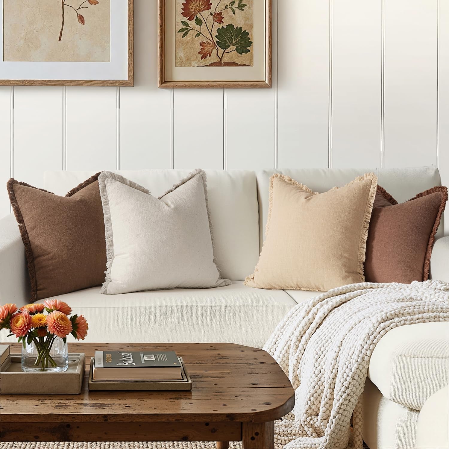 Set of 4 Fall Decorative Couch Pillow Covers in Neutral Linen with Fringe - Rustic Boho Farmhouse Accent Cushions for Living Room and Home Decor, 18x18 Inches, Beige/Brown
