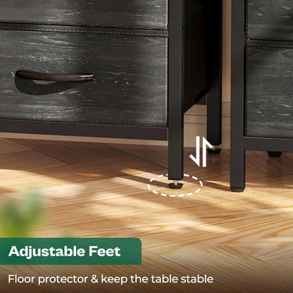 Elegant Nightstand with Integrated Charging Station, Fabric Storage Drawers, Open Shelf Design, USB Ports and Outlets, Charcoal Black Wood Grain Finish