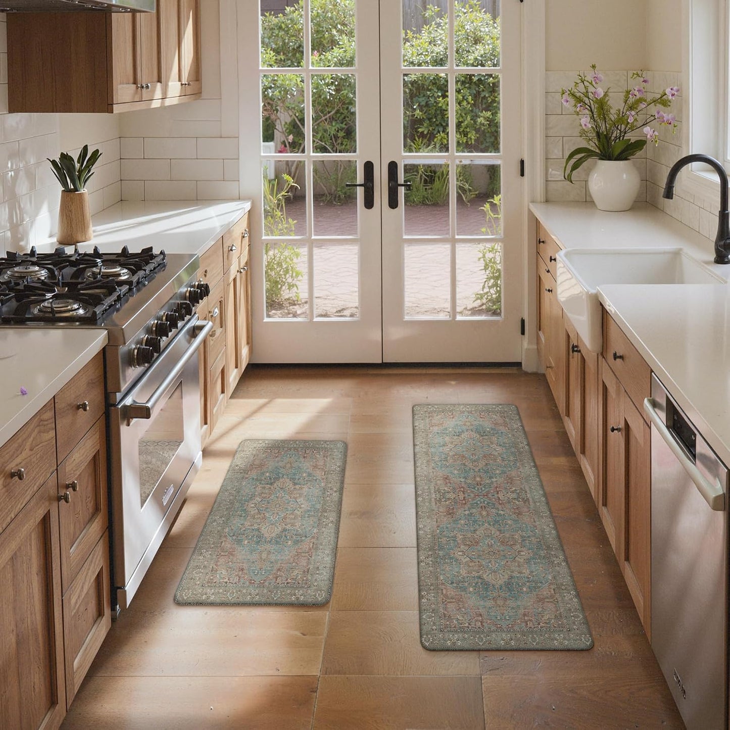 Kitchen Mats for Floor, 2PCS Kitchen Rugs Non Slip Washable, Waterproof anti Fatigue Mat, Comfort Standing Runner Rug for Sink, Office, Laundry, Home, 17.3"X47"+17.3"X30", Red&Brown