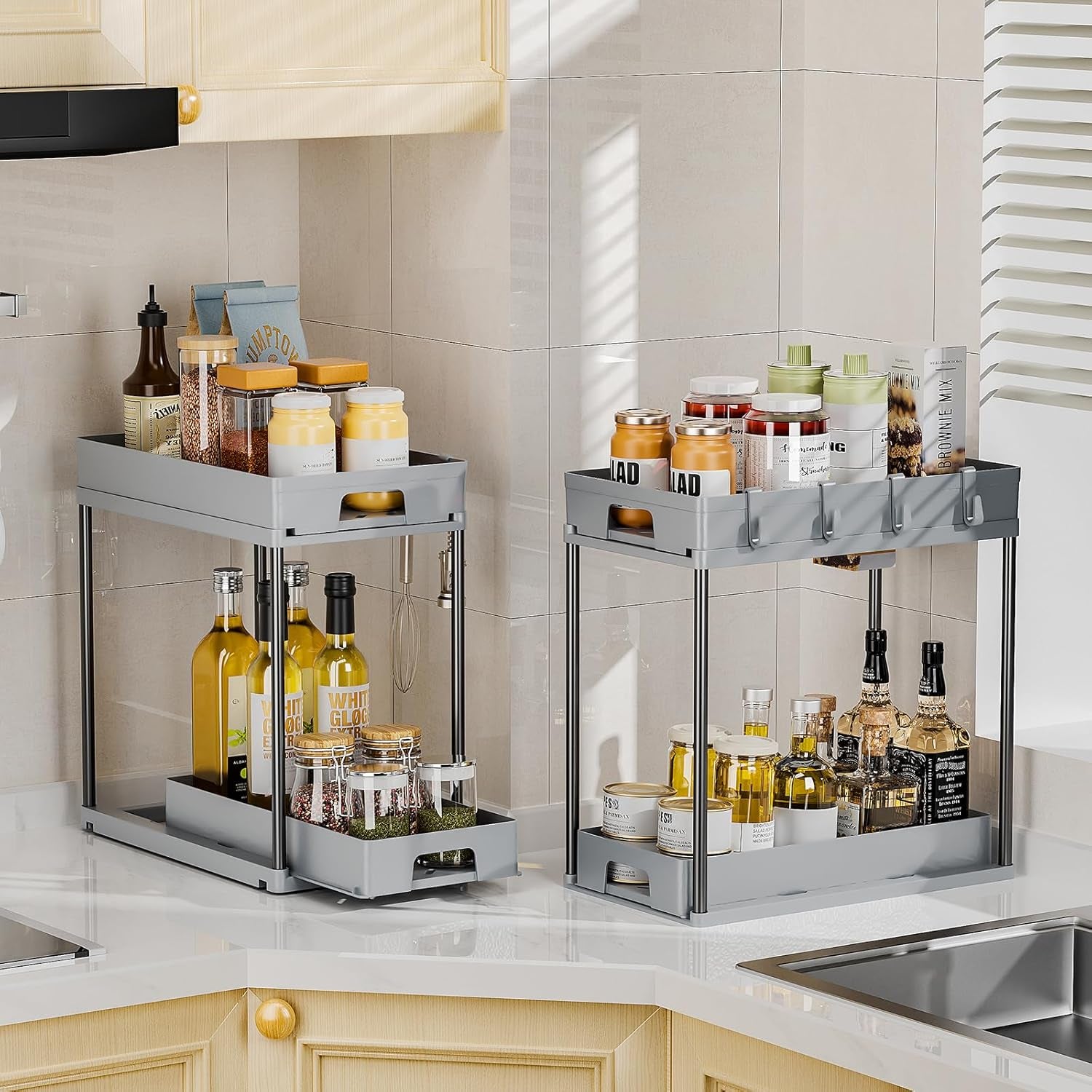 under Sink Organizers and Storage, 2 Pack Pull Out Kitchen Bathroom Cabinet Organizer, 2 Tier Grey under Sink Storage for Bathroom Kitchen