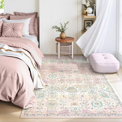 Pink Boho Area Rug for Nursery, 5X7 Washable Pink Rugs for Bedroom Girls Kids Room Living Room, Floral Pastel Carpet Non Slip for Classroom Playroom Dorm