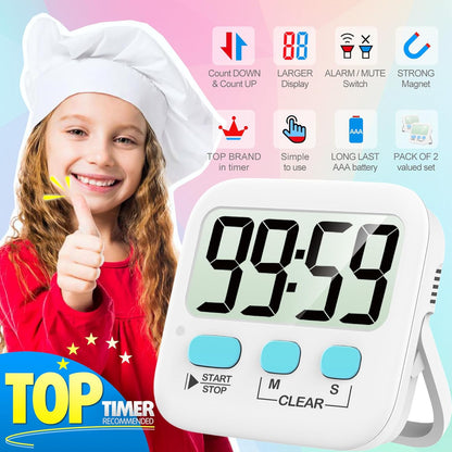 2 Pack Digital Timer for Kids, Magnetic Countdown Kitchen Timers for Cooking, Egg, Classroom, Teacher, Exercise, Study, Oven - Battery Included