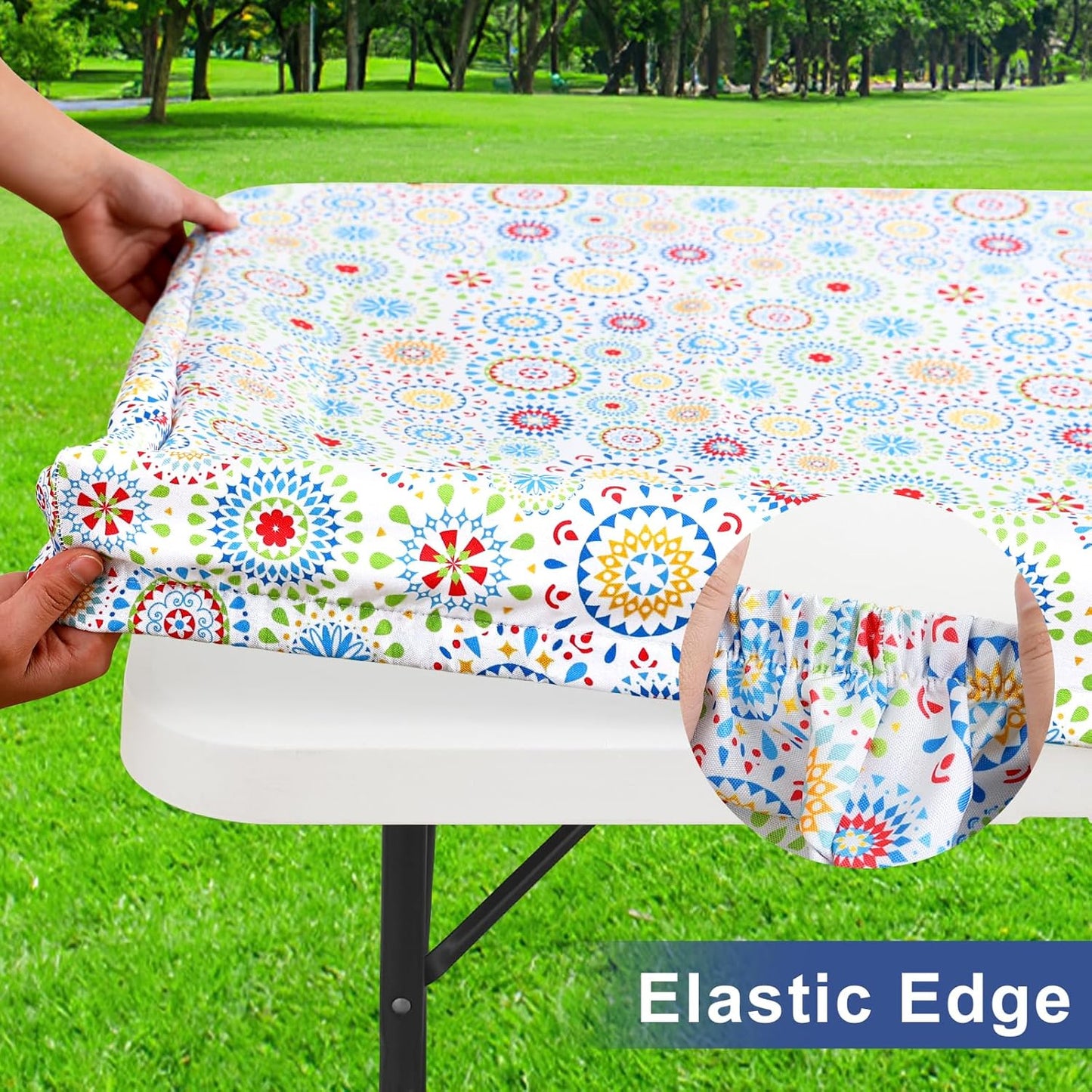 Rectangle Printed Fabric Tablecloth, Elastic Fitted Table Cloth for 6 Foot Table, Washable Polyester Table Cover for Outdoor, Picnic, Camping and Indoor, (Geometric Medallion, 30" X 72")