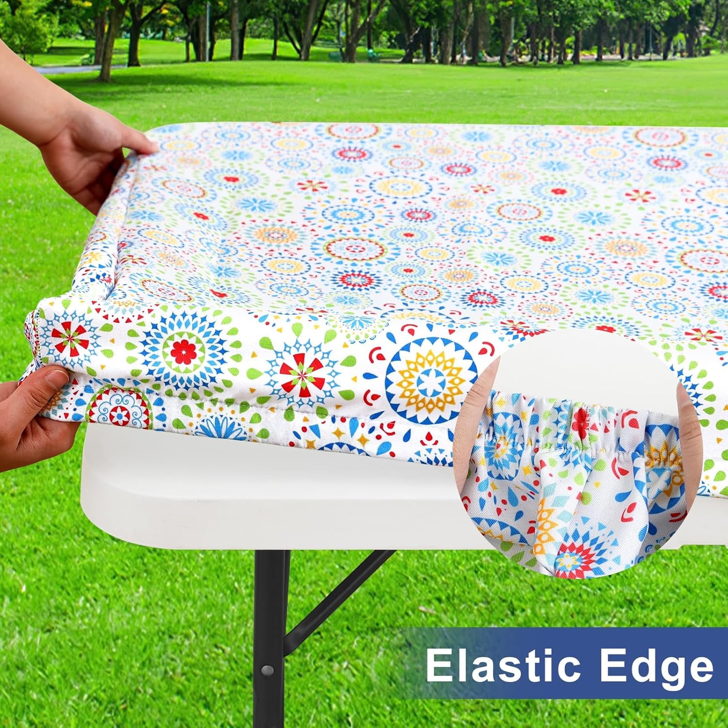 Rectangle Printed Fabric Tablecloth, Elastic Fitted Table Cloth for 6 Foot Table, Washable Polyester Table Cover for Outdoor, Picnic, Camping and Indoor, (Geometric Medallion, 30" X 72")