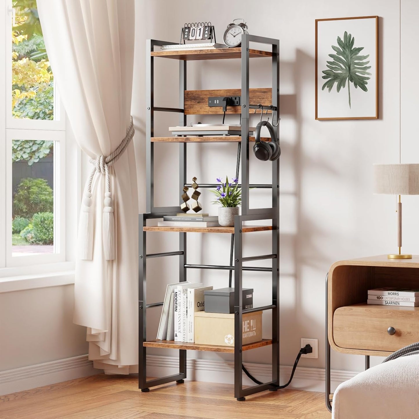 Book Shelf, 4 Tier Bookshelf with Charging Station, Industrial Small Bookcase Set of 2, Display Shelf, Stackable Book Storage Shelves for Bedroom/Living Room/Home Office, Rustic Brown