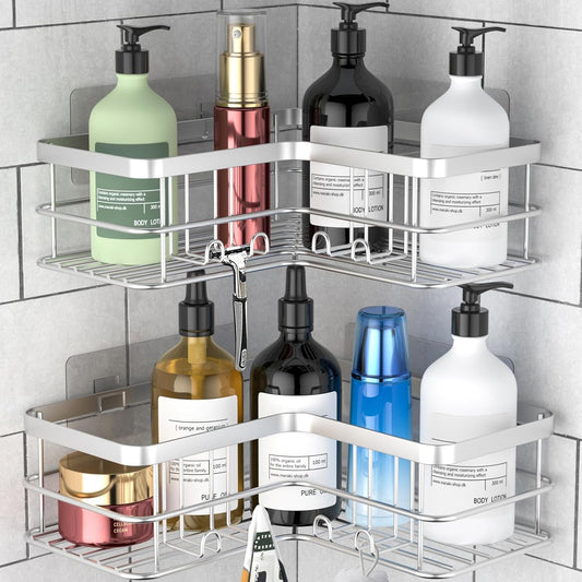 Shower Caddy 2-Pack, No Drilling Shower Organizer Corner Shelf for Bathroom Tub, Stainless Steel Shower Caddy Corner Shelf for Bathroom Kitchen(Silver)