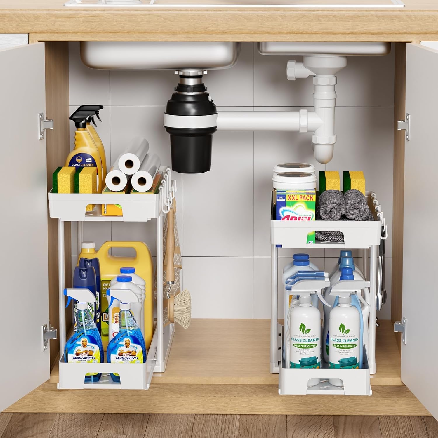 under Sink Organizers and Storage, 2 Pack Pull Out Kitchen Bathroom Cabinet Organizer, 2 Tier White under Sink Storage for Bathroom Kitchen, under Counter Storage Organizer with 8 Hooks
