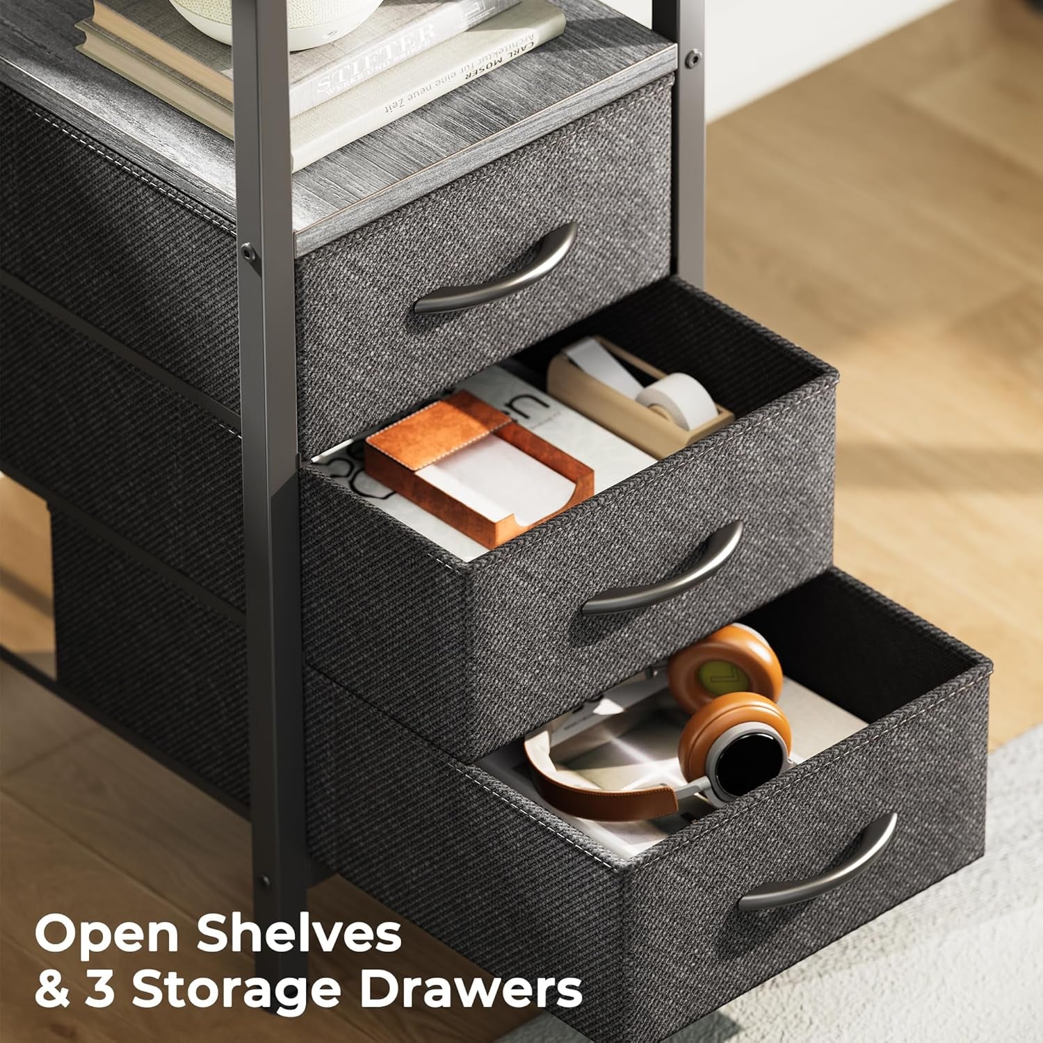 L-Shaped Office Desk with Power Outlets, 47-Inch Computer Desk Featuring 3 Drawers and Shelves for Gaming, Home Office, and Study - Grey