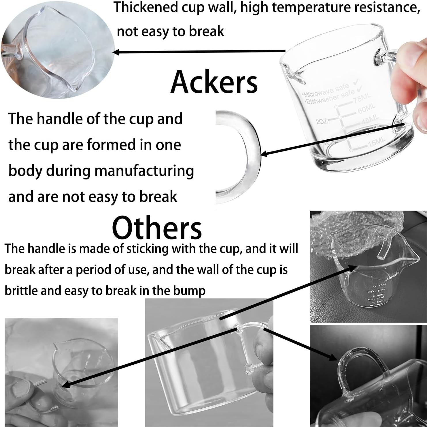 Ackers Etched Scale Espresso Cup with Handle, Thickened Bottom and Wall, Double V-Shaped Spout,2.5Oz Milk Frothing Pitcher,75Ml Milk Cup with Handle, Espresso Accessory(Pack of 2)