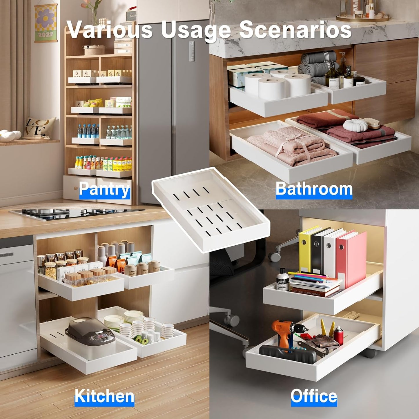 2 Pack Pull Out Cabinet Organizer, 21.8" Deep Slide Out Drawer for Cabinets Adhesive Pull Out Drawers Heavy Duty Pull Out Shelves for Kitchen, Cupboard, Pantry, Bathroom-White