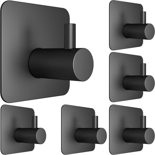 6-Piece Heavy-Duty Waterproof Adhesive Wall Hooks for Towel Storage in Bathrooms, Kitchens, and Offices (Black)