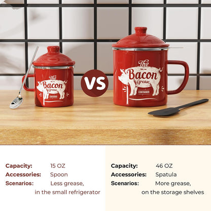 Mini Bacon Grease Container with Strainer - 15OZ Enamel Grease Saver, Farmhouse Bacon Grease Keeper for Kitchen Fat Storage, Dishwasher Safe-Red