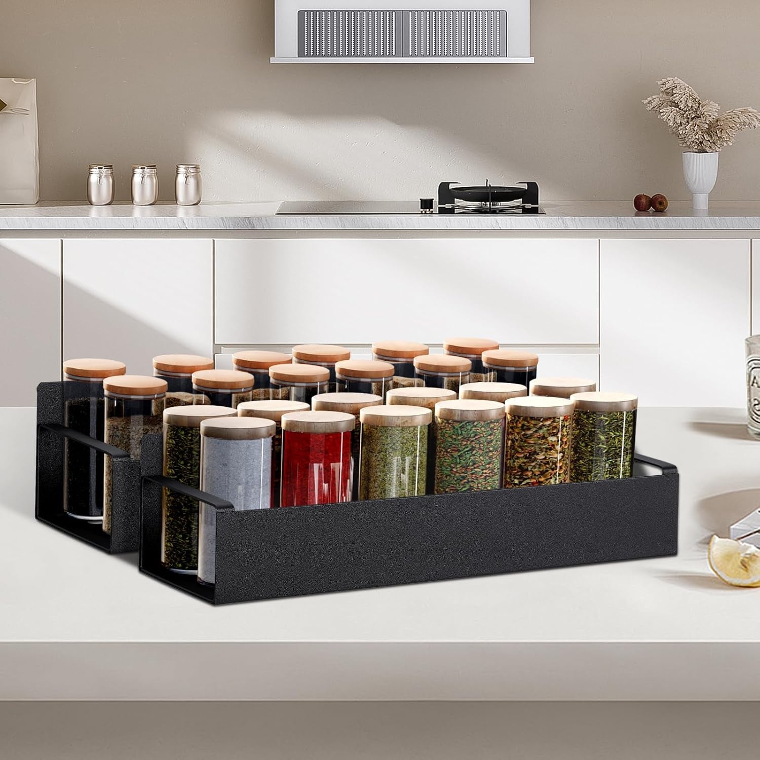 Magnetic Spice Rack for Refrigerator，Fridge Organizer for Kitchen Organization and Storage, 4 Pack (Black) Metal Shelf with 8 Moveable Hooks