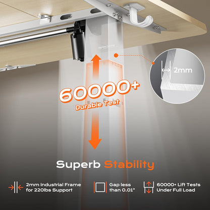 63" x 28" Electric Height Adjustable Standing Desk, 27.6" Deep Desktop, Gaming Office Table with Dual Hooks and Three Preset Heights, Oak Finish for Home Office