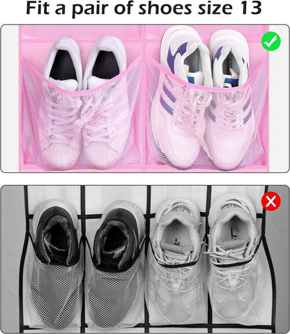 12 Large Mesh Pockets over the Door Shoe Organizer for Closet Hanging Shoe Rack for Door Sneaker Hanger Boot Storage for Kids, Baby, Toddler, Girl, Pink