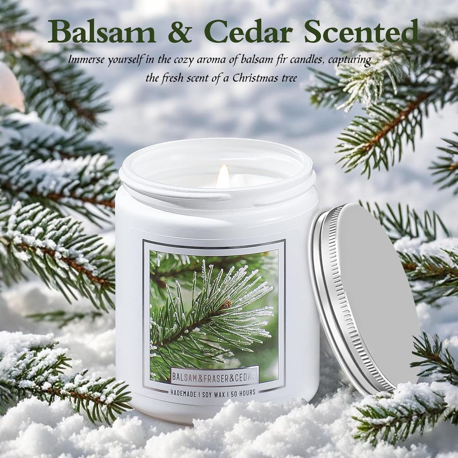 Balsam Pine Candle, Christmas Balsam Fir Candles Scented, 9Oz Holiday Candles with 50+ Hour Burn Time, Fir Cedar Tree Scent Gifts for Women
