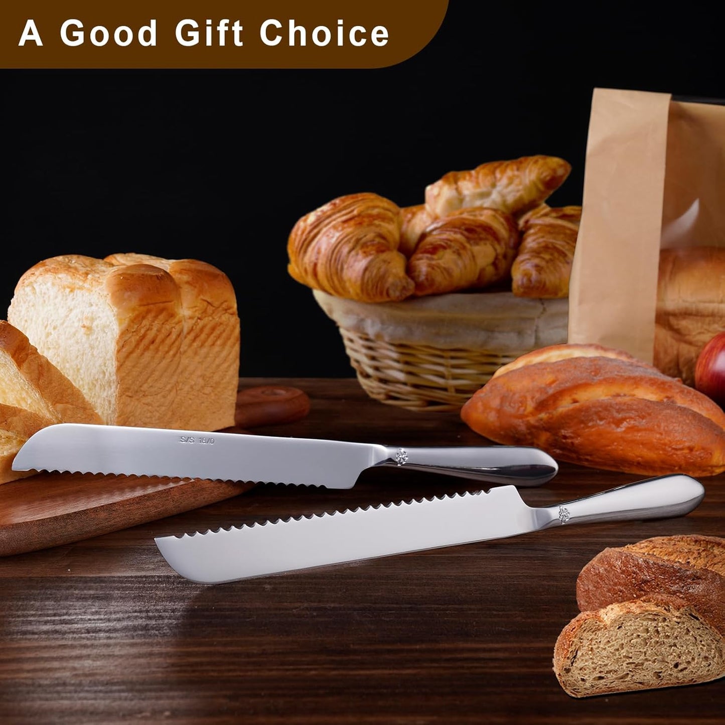 Bread Cutting Knife, 13 Inches Serrated Bread Knives for Homemade Bread, Stainless Steel Long Bread Slicing Knife for Baker, Baking Lover, 2PCS Silver