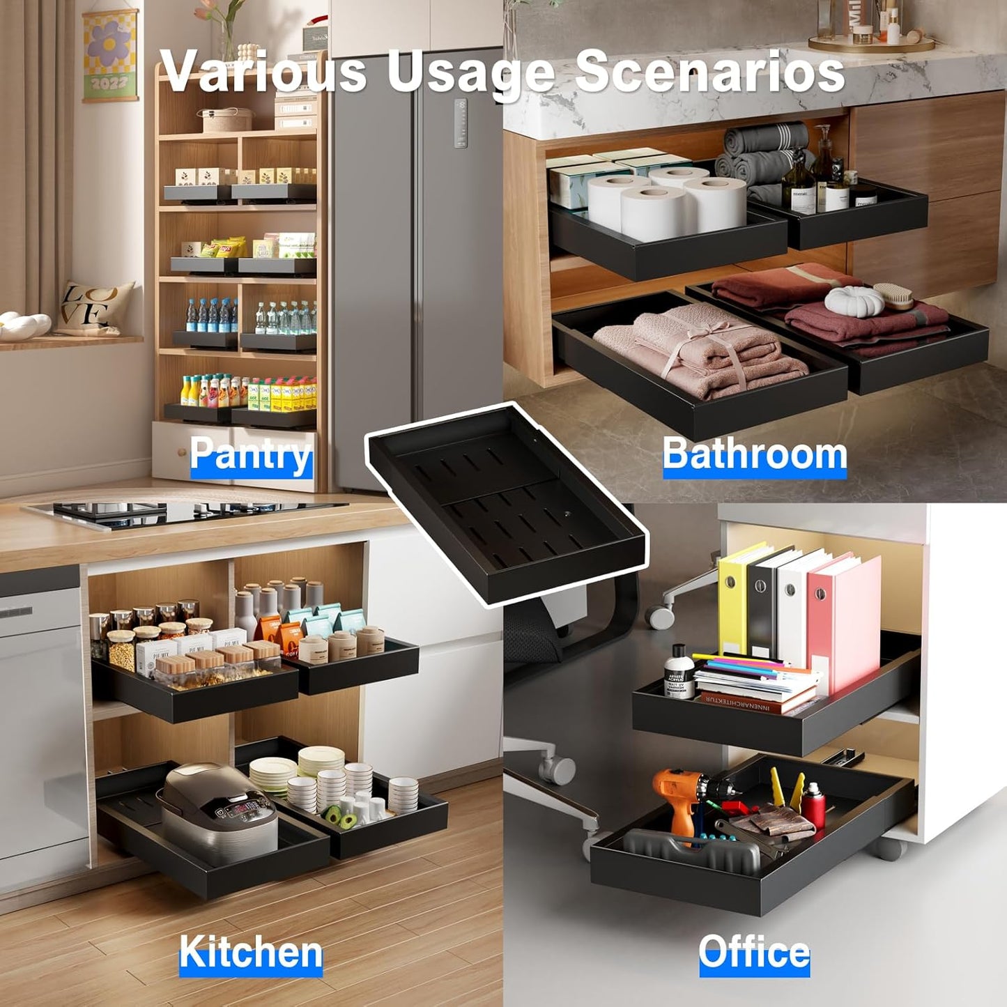 2 Pack Pull Out Cabinet Organizer,21.8" Deep Slide Out Drawer for Cabinets Adhesive Pull Out Drawers Heavy Duty Pull Out Shelves for Kitchen,Cupboard,Pantry,Bathroom-Black