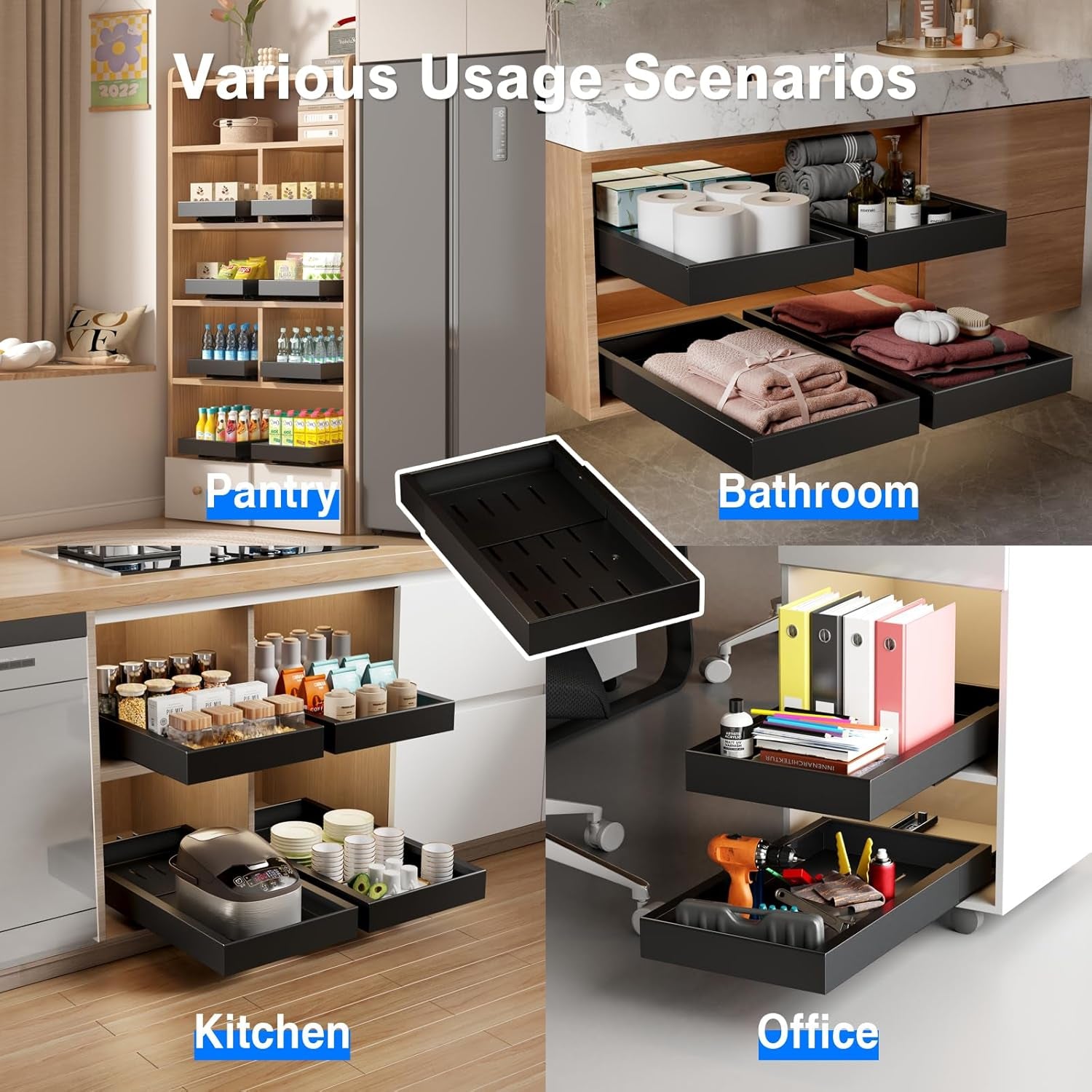 2 Pack Pull Out Cabinet Organizer,21.8" Deep Slide Out Drawer for Cabinets Adhesive Pull Out Drawers Heavy Duty Pull Out Shelves for Kitchen,Cupboard,Pantry,Bathroom-Black