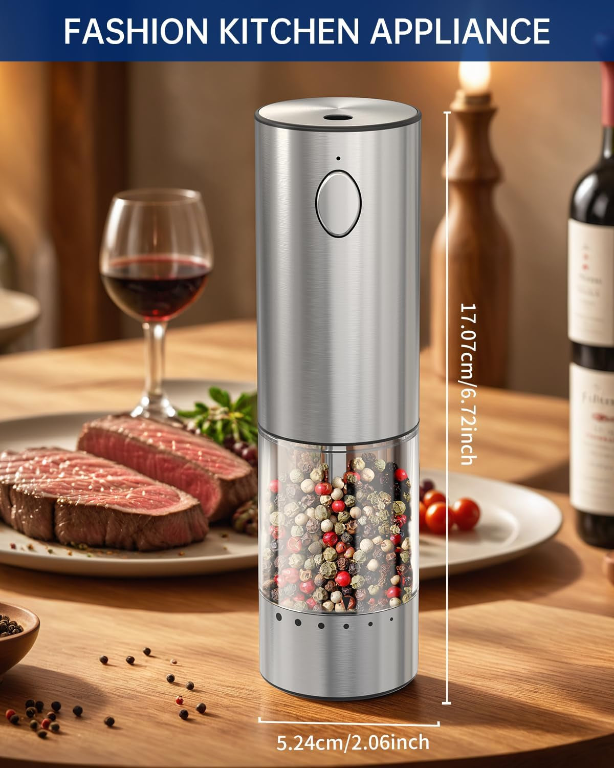 Stainless Steel Electric Pepper Grinder, Rechargeable Pepper Mills with LED Light, 6-Level External Adjustable Coarseness for Easy Use