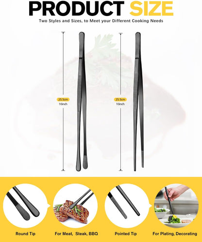 2 Pcs 10-Inch Kitchen Tweezers Fine Tweezer Tongs, Stainless Steel Professional Long Cooking Tweezers for BBQ, Sea Food, Repairing and Serving (BLACK)