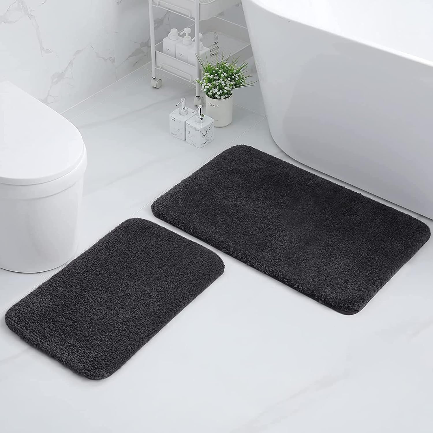 Microfiber Bathroom Rugs Set 2 Pieces - Shaggy Soft Thick Bath Mat, Non-Slip Machine Wash/Dry Absorbent Shower Bathroom Rugs and Mats Sets for Bathroom(20"X32"+20"X32", Charcoal Grey)
