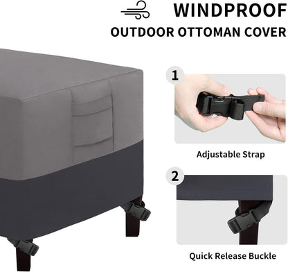 Outdoor Ottoman Cover, Waterproof Patio Ottoman Cover, Heavy Duty Outdoor Furniture Cover with Padded Handles (1 Pack-25"X25"X17", Gray/Dark Gray)