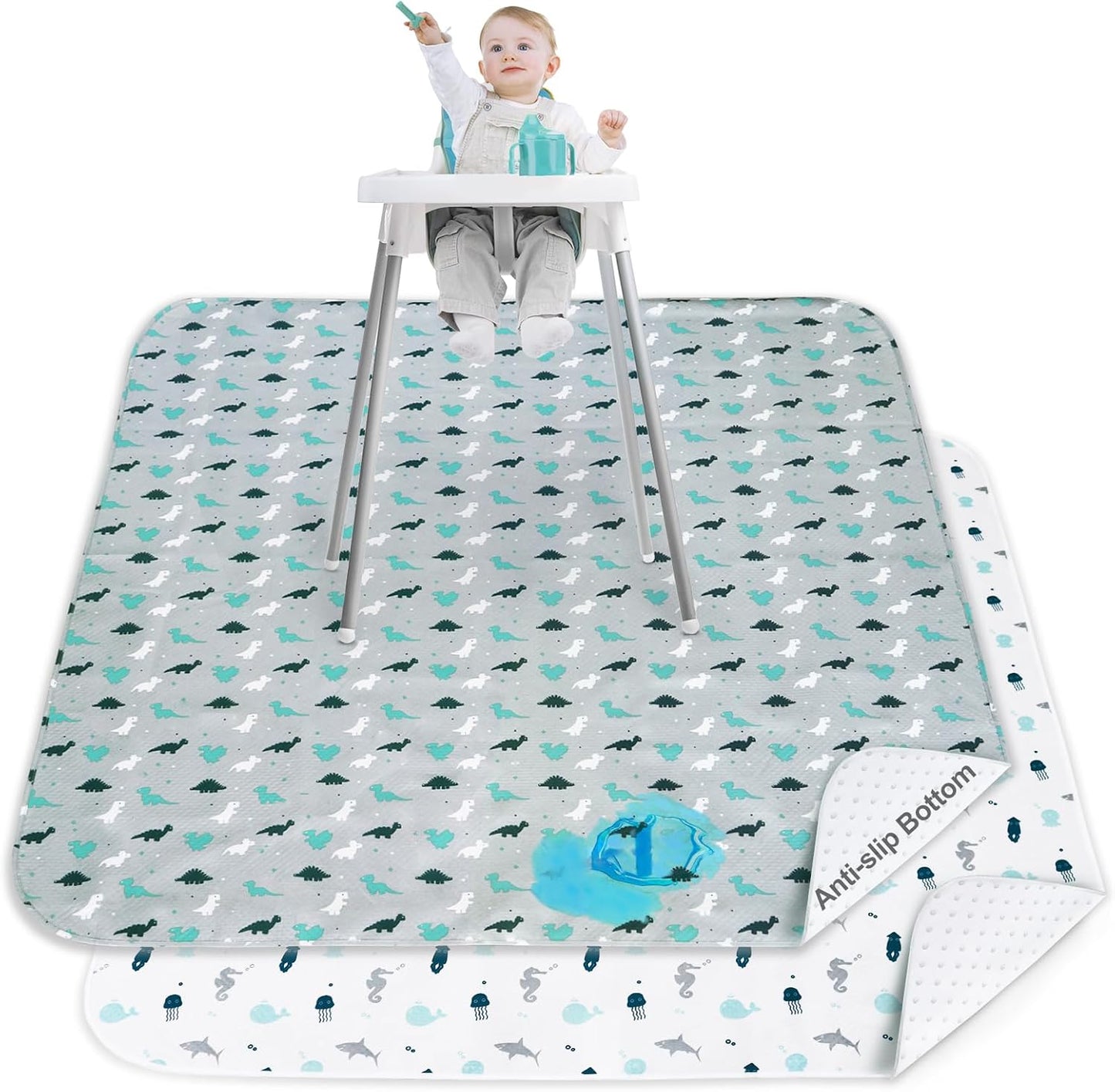 Splat Mat 2 Pack for under High Chair & Arts & Eating Mess, Waterproof Baby Playtime Anti-Slip High Chair Mat for Floor or Table, Reusable & Portable Splash Mat for under High Chair, 46" X 42" Gray