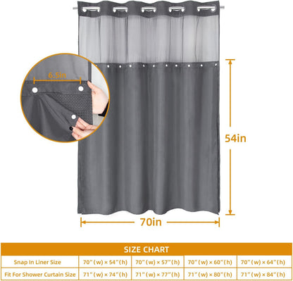 1 Pack Fabric Snap-In Shower Curtain Liner Replacement,Compatible with No Hook Shower Curtain with Snap in Liner, Removable & Water-Repellent,Machine Washable,70X54,Grey