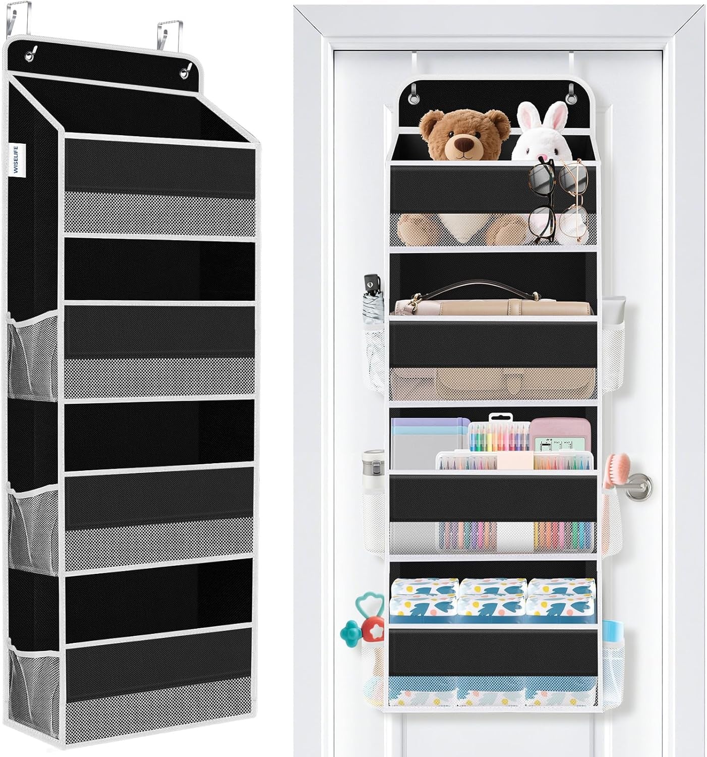 over the Door Organizer Storage 4 Shelves Large Capacity Hanging Bedroom Storage Solution with 6 Side Pockets for Dorm Bathroom Pantry Nursery and Baby Essentials Holds up to 40 Lbs (Black)