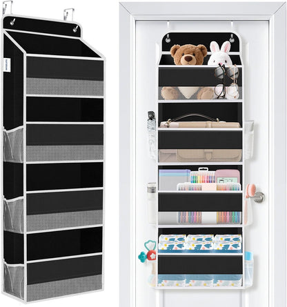 over the Door Organizer Storage 4 Shelves Large Capacity Hanging Bedroom Storage Solution with 6 Side Pockets for Dorm Bathroom Pantry Nursery and Baby Essentials Holds up to 40 Lbs (Black)