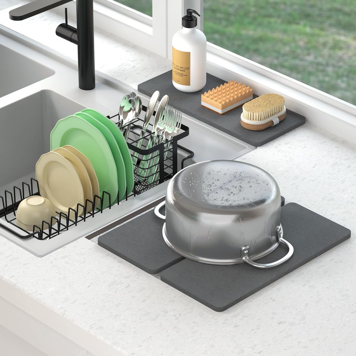 Expandable Small Dish Drying Rack with Diatomite Mat and Utensil Holder for Kitchen Sink, 5.4”W x 12.1”-18.9”L