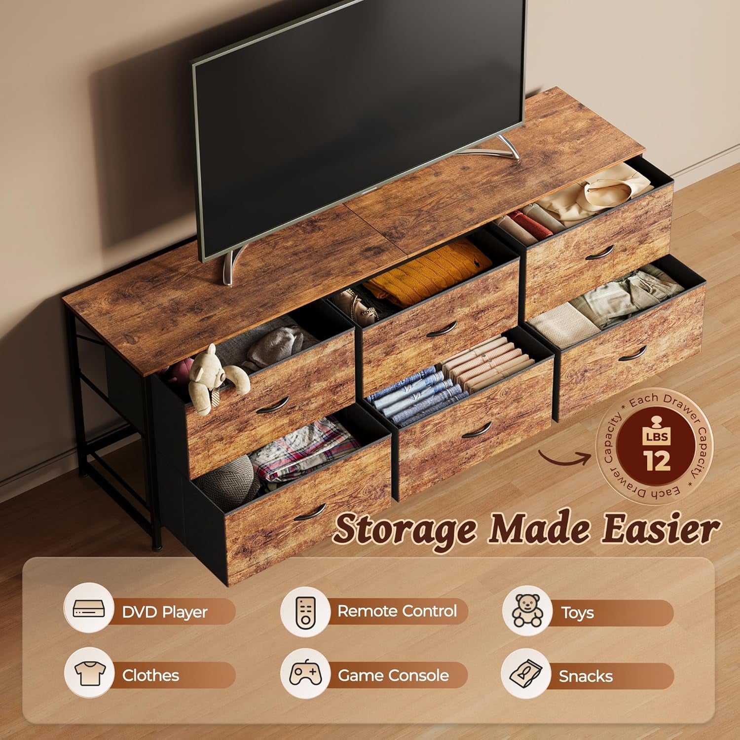 63-Inch Rustic Brown Dresser and TV Stand, Suitable for 55 to 70 Inch TVs, Featuring 6 Fabric Drawer Storage for Bedroom and Entryway Organization