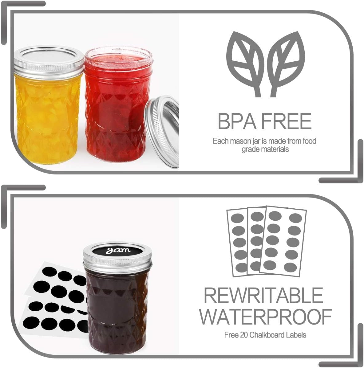 8 oz Mason Jars with Regular Lids and Bands, 20-Pack, Ideal for Canning, Jam, Honey, and Wedding Favors, Includes 20 Extra Lids