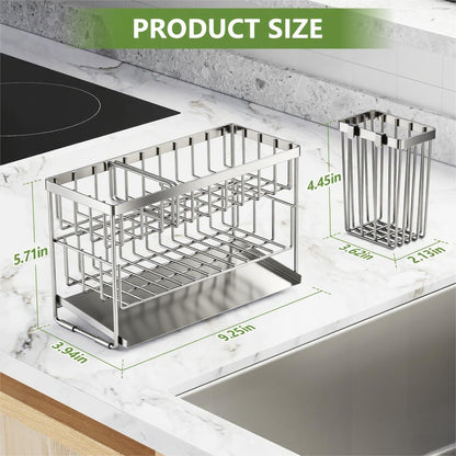 Silver 2-Tier Kitchen Sink Caddy Organzier Rack with Flexible Dish Brush Holder, Sponge Holder for Kitchen Sink Countertop Organization Storage,Home Decor Stainless Steel